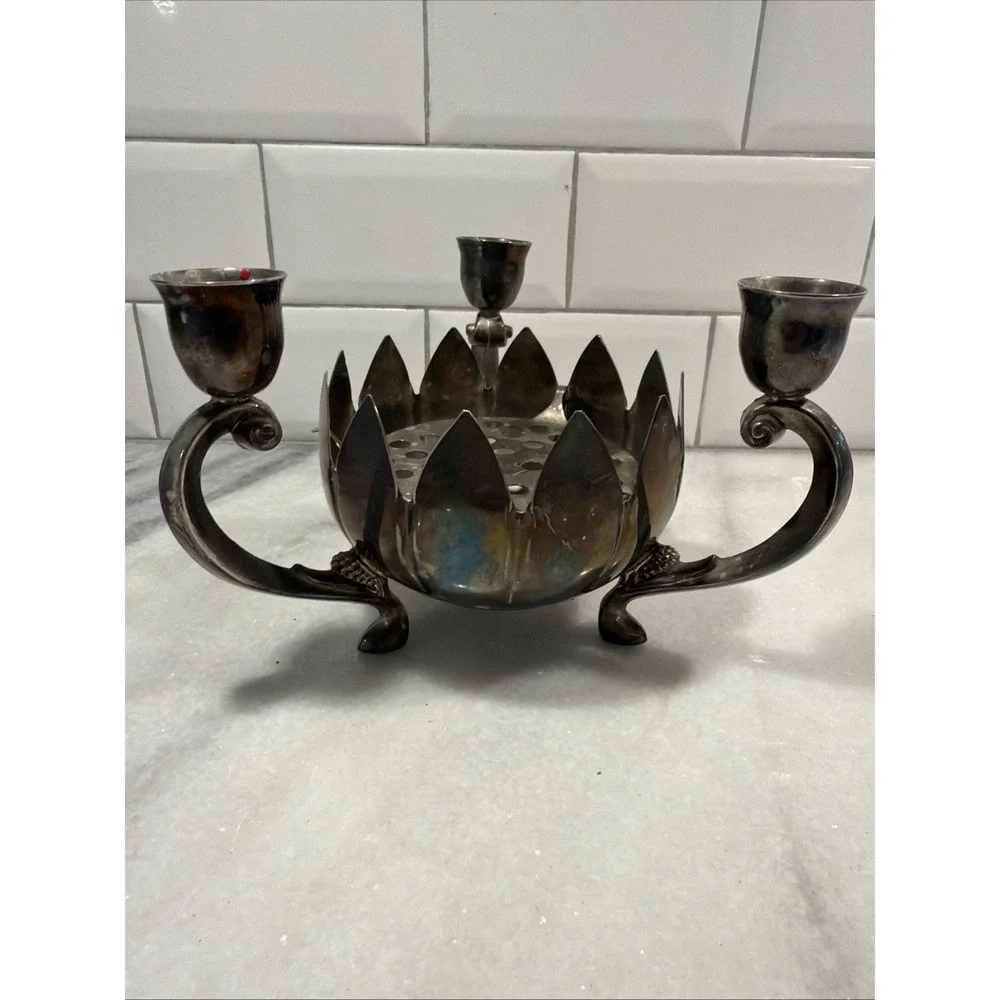 Leonard Silver plate 3 Candle Holder Lotus Vase With Original Frog Vintage 1970s